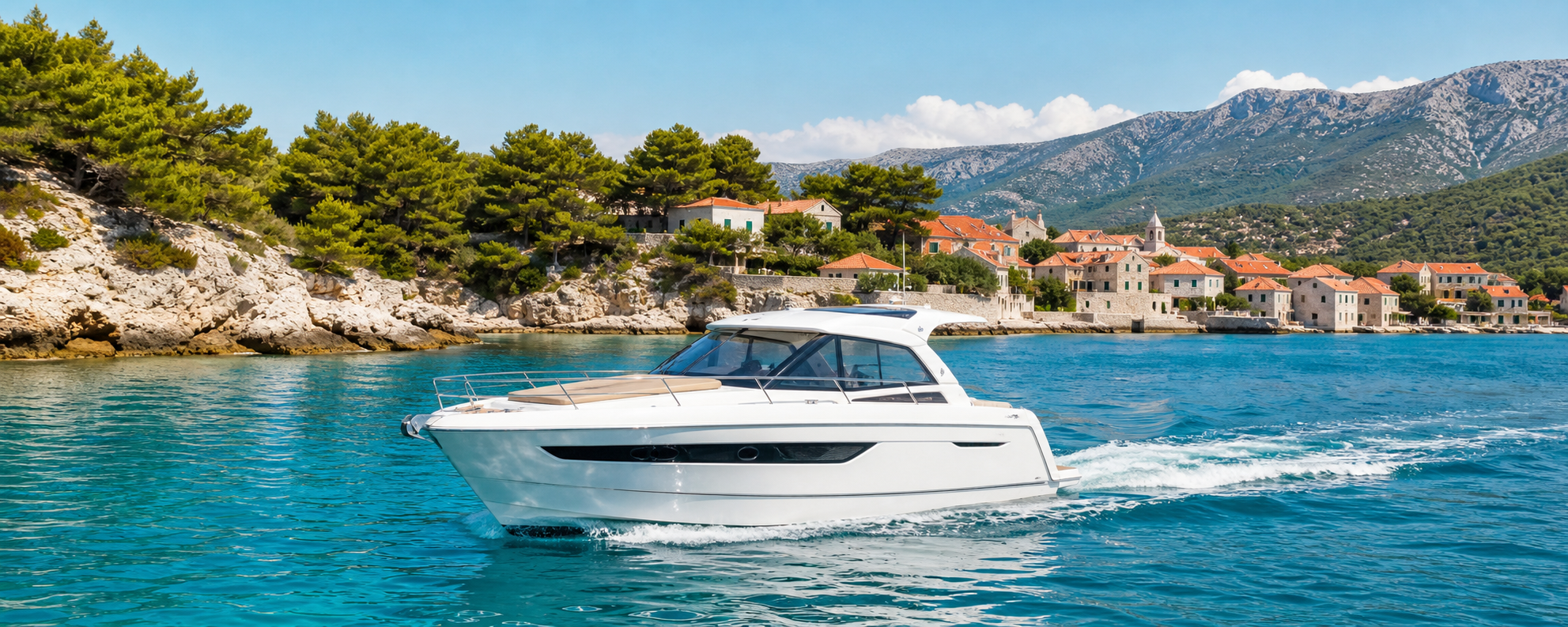 Sportboot auf der kroatischen Adria vor typisch dalmatinischer Küste