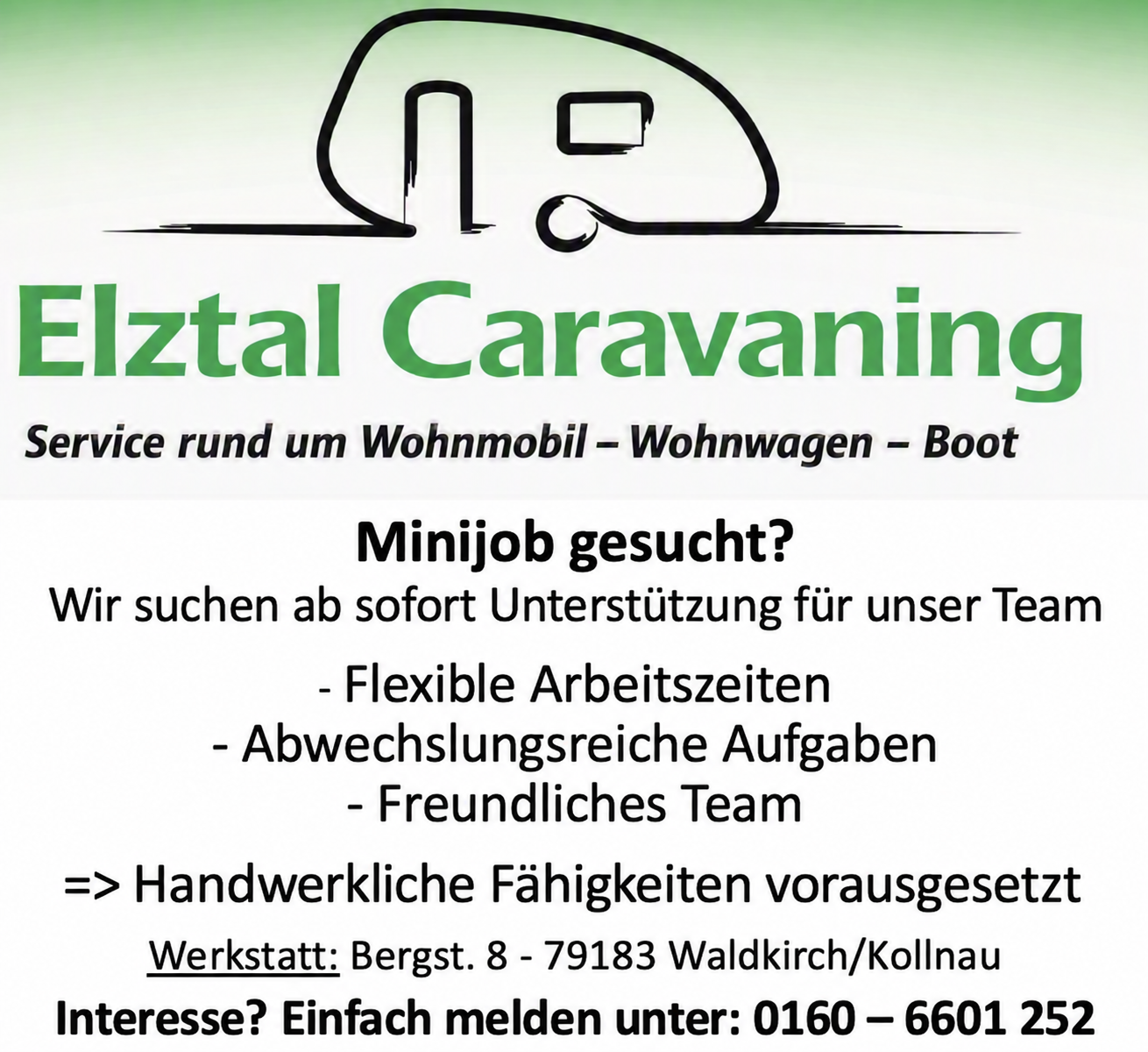 Stellenanzeige: Minijob bei Elztal Caravaning in Waldkirch-Kollnau
