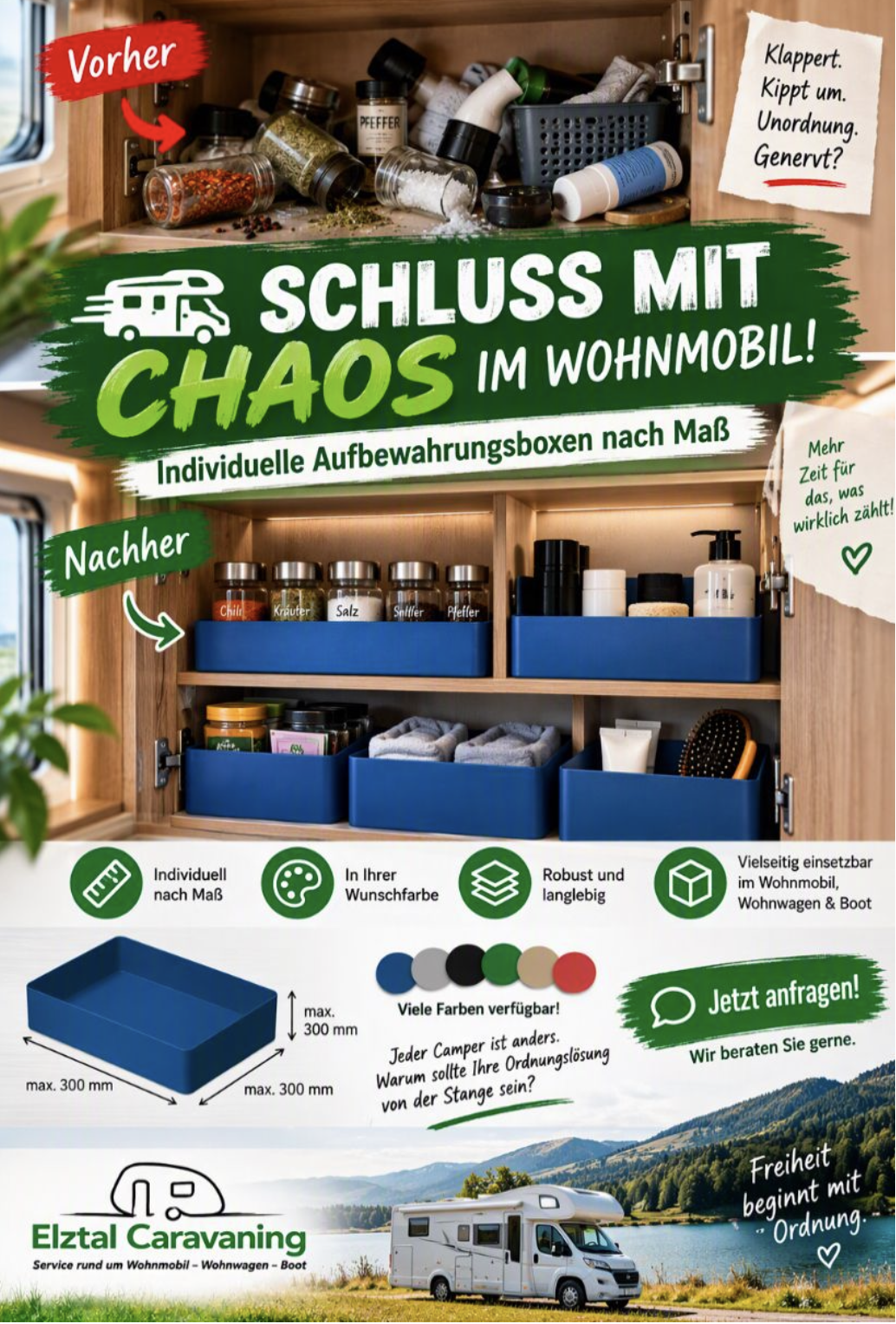 Flyer: Schluss mit Chaos im Wohnmobil – individuelle Aufbewahrungsboxen nach Maß